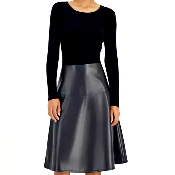 NWT T Tahari Mixed-Media Faux-Leather Fit & Flare Dress Size XL - Picture 1 of 14